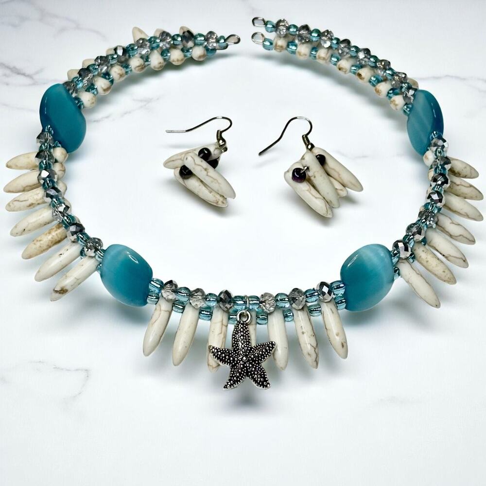 Silver Starfish Aquamarine Choker Necklace & Earrings Set Adj. Beaded Nautical
